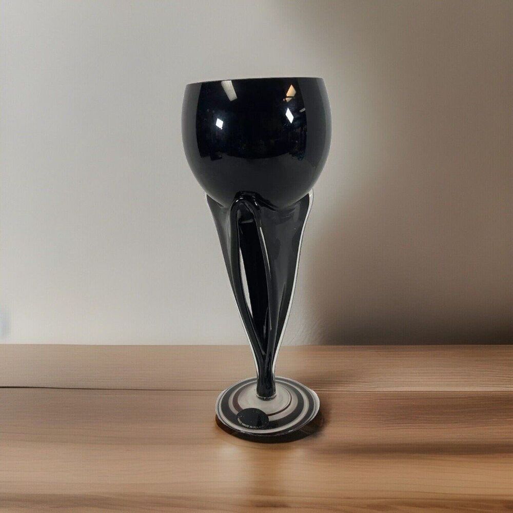 Jozefina Krosno Art Glass Black Swirl Stemmed Goblet Candle Holder Poland Vtg 9” - Picture 2 of 12